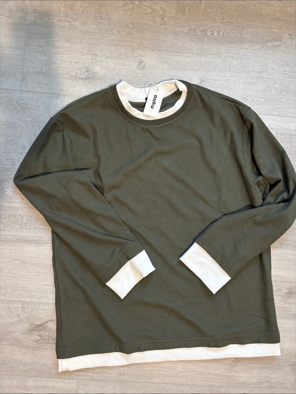Olive Green Long-Sleeve Layered Crew with Contrast Trim